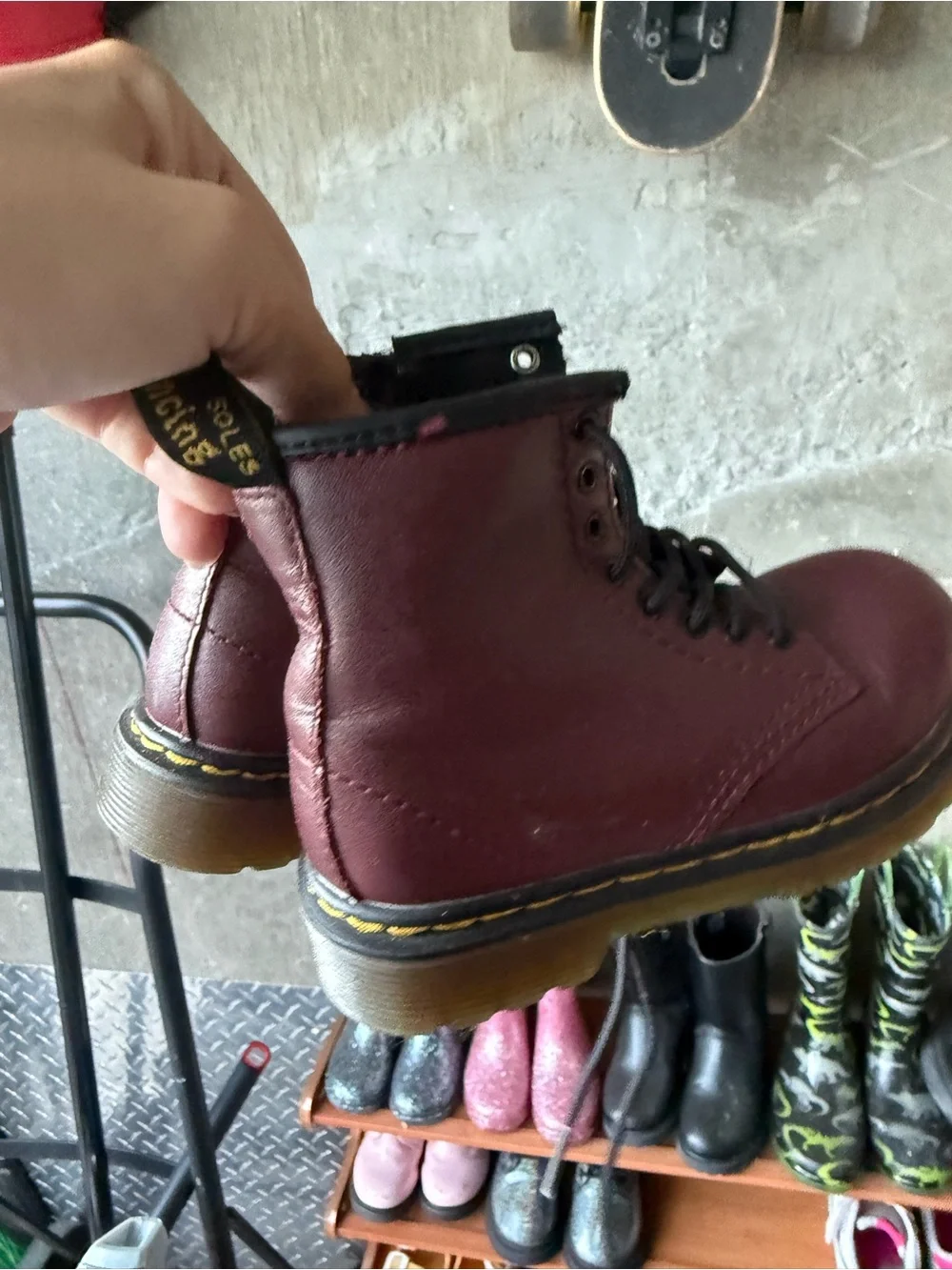 Dr. Martens Kids Burgundy Lace-Up Combat Boots with Yellow Stitching